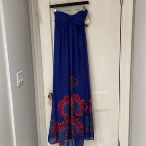 Strapless blue chiffon maxi dress blue with orange poppi seed detail nwt size 2